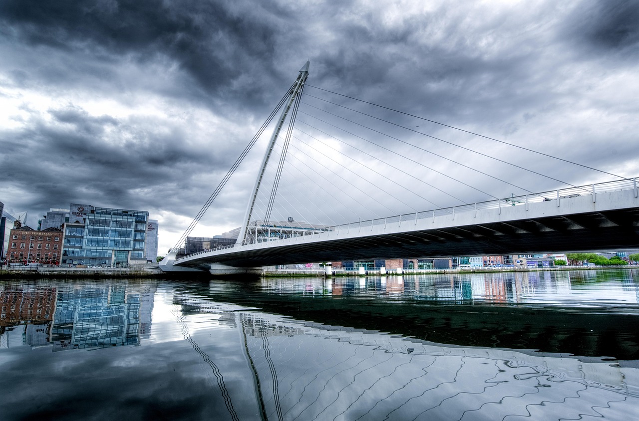 samuel beckett bridge, dublin, ireland, bridge, architecture, liffey, landmark, irish, city, travel, samuel, nature, beckett, blue, river, tourist, urban, eire, tourism, harp, blue sky, sky, capital, water, docks, lights, weather, hdr, blue bridge